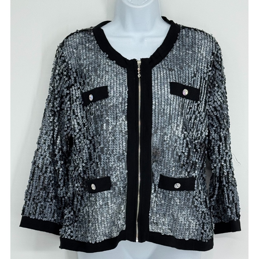Michael Simon Women XL Sequin Full Zip Black Silver Cardigan Formal Sparkle